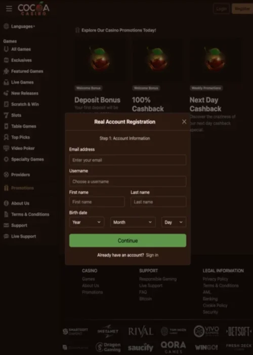 Quick player registration gateway Cocoa Casino